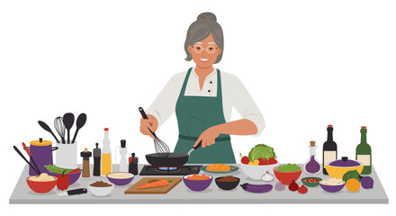 Smiling woman with glasses cooking food in a pan surrounded by ingredients.