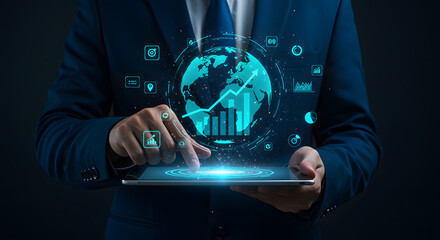 Businessman analyzing global business data on a digital tablet with glowing interface