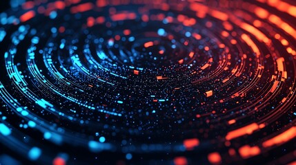 Abstract circular digital pattern with glowing blue and orange pixels creating a futuristic technological vortex effect.