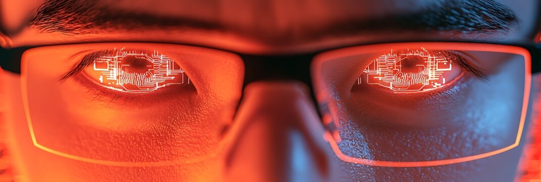 Close-up of a person's eyes reflecting digital cryptocurrency symbols, highlighting technology and blockchain concepts.