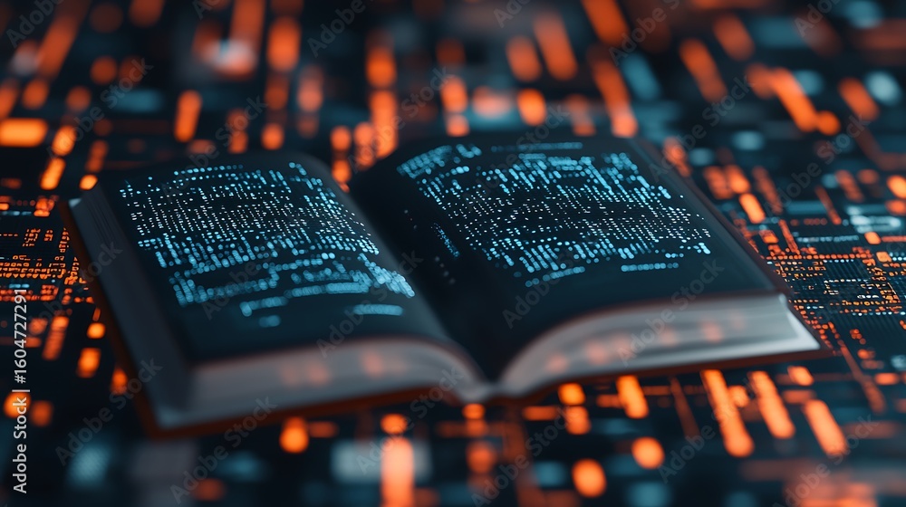 Poster an open book with glowing digital text rests on a futuristic circuit board, blending traditional kno
