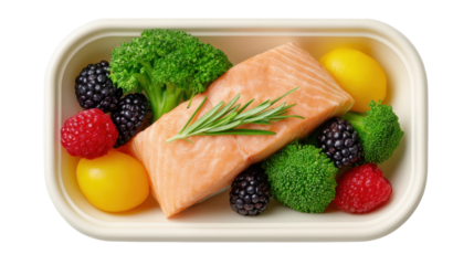 Salmon fillet with fresh rosemary, broccoli, yellow cherry tomato, blackberry, and raspberry in white container, healthy meal option