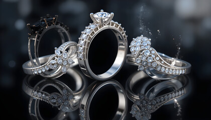 3D illustration three different white gold or silver diamonds rings with reflection