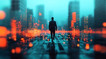 A lone businessman walks through a futuristic digital cityscape with glowing orange lights and tall buildings against a blue background.