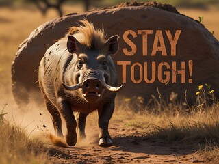 Tough Warthog Running with African Savanna.