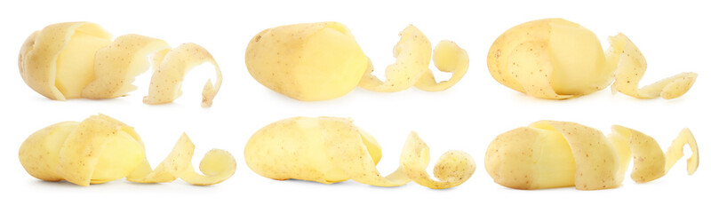 Fresh potatoes with peels isolated on white, set