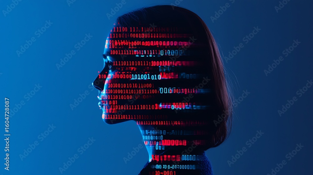 Poster a digital profile of a woman's silhouette with binary code in red and blue projected on her face and
