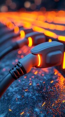 Naklejka premium Close-up of a glowing electric vehicle charging plug connected, with vibrant orange light streaks and futuristic ambiance.