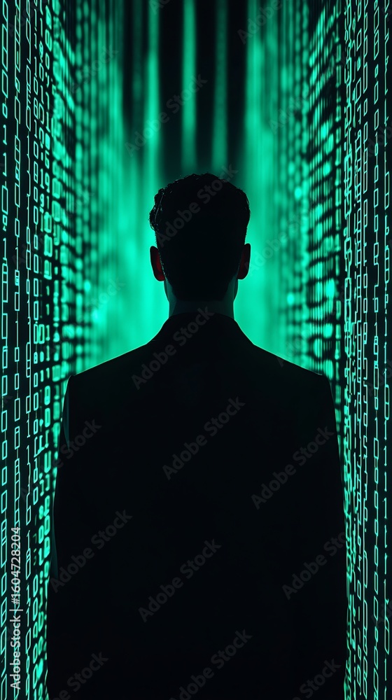Poster a silhouette of a man stands amidst glowing green digital code streams, symbolizing cyber technology