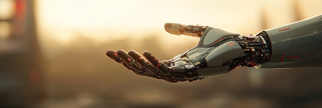 A close-up of a sleek, futuristic robotic hand extended against a blurred warm background.