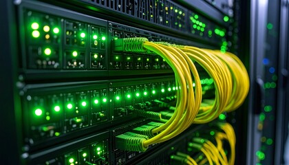 Naklejka premium Low-light photo of datacenter rack with network switch, green indicator lights, and organized yellow cables, calm and professional tech vibe.