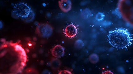 Naklejka premium Microscopic view of glowing virus cells and bacteria in blue and red on a dark scientific background. Concept : Microbiology, infection, disease research, scientific study, pathogens.