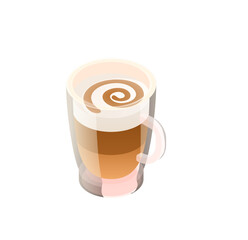 Warm Latte in Glass Mug: Isometric View, Creamy Swirl, Cozy Mood
