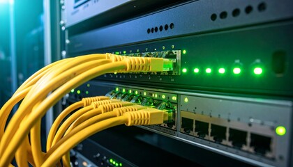Naklejka premium Low-light photo of datacenter rack with network switch, green indicator lights, and organized yellow cables, calm and professional tech vibe.