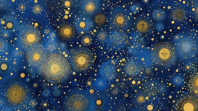 Abstract starry night sky with golden dots and blue background, cosmic constellation pattern with scattered bright celestial bodies creating precise and artistic space design
