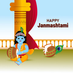 Happy Janmashtami indian festival celebration, background and character design vector illustration. Little Krishna with butter.