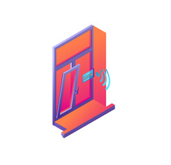 Isometric Illustration: Smart Home Window, Open Mode, Wireless Sensor, Temperature Display, Modern Design, Gradient Colors, Futuristic Technology, Clean Interface.