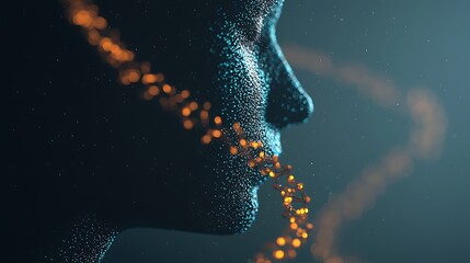 A digital human profile made of particles with a glowing orange DNA strand spiraling through, symbolizing genetics and the fusion of technology and biology.