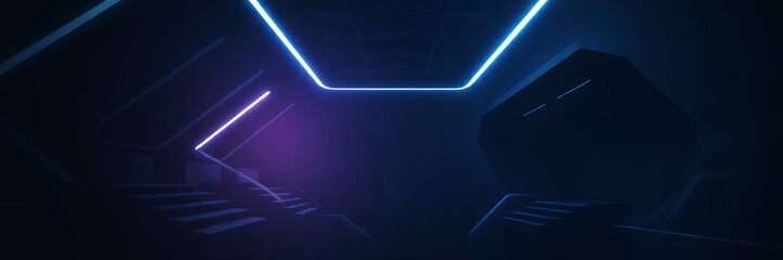 Obraz premium A futuristic corridor with neon lights illuminating the dark space and geometric shapes present