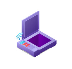 Wireless Flatbed Scanner: Modern Isometric Illustration, Purple and Violet Hues, Open Lid