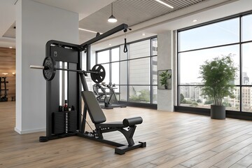 Black weight bench with barbell and weight stack fitness weightlifting