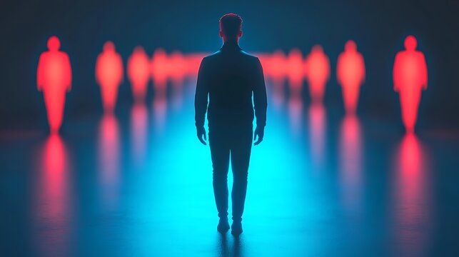 A silhouette of a person stands facing multiple glowing red humanoid figures in a dark, reflective space with blue and red lighting.