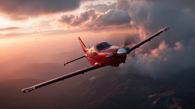 A red single-engine plane flies over a mountainous landscape at sunset, with dramatic clouds and soft sunlight in the background.