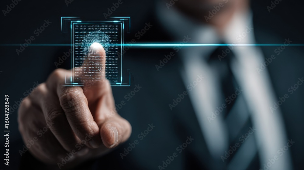 Poster a close-up of a person in a suit interacting with a futuristic digital fingerprint scanner interface