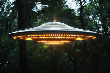 UFO hovering over dense forest with glowing lights, mysterious alien spacecraft, science fiction concept, generative ai