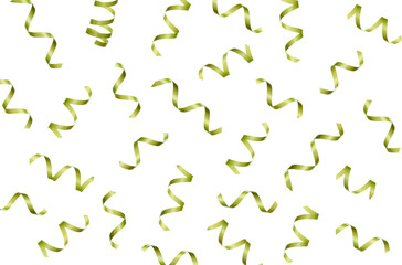 Olive color serpentine streamers and confetti falling against white background