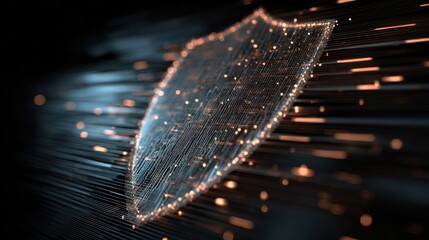 A dynamic visualization of a digital shield formed by interconnected glowing lines and particles, symbolizing cybersecurity and data protection.