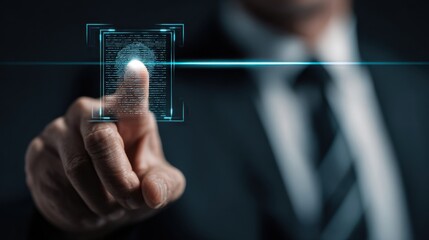 Fototapeta premium A close-up of a person in a suit interacting with a futuristic digital fingerprint scanner interface.