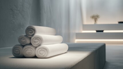 Rolled white towels stacked neatly on a bench in a minimalist spa setting with soft lighting and a blurred plant in the background.