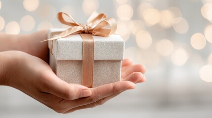 Hands gently holding a small, elegantly wrapped gift box with a satin ribbon against a softly blurred, festive bokeh background.