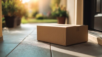 A cardboard package sits on the doorstep of a home, bathed in warm sunlight with blurred plants and outdoor elements in the background.