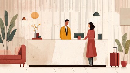 A woman checks in at a hotel reception, interacting with a receptionist behind the front desk in a modern, stylish lobby setting.