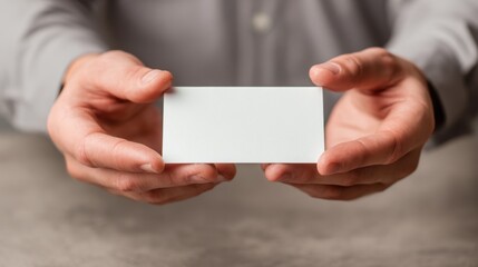 A person holds a blank white business card with both hands, presenting it forward against a neutral background.