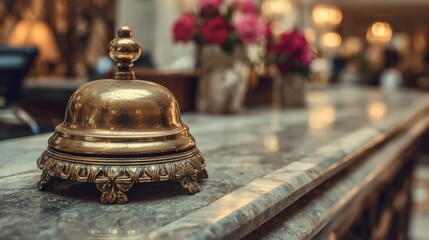 A vintage brass service bell sits on a polished marble countertop with blurred flowers and warm lighting in the background.