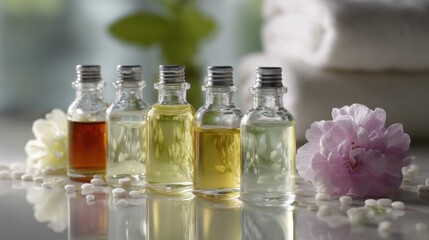 Five small glass bottles filled with different colored essential oils are arranged on a reflective surface alongside pink and white flowers and white petals.