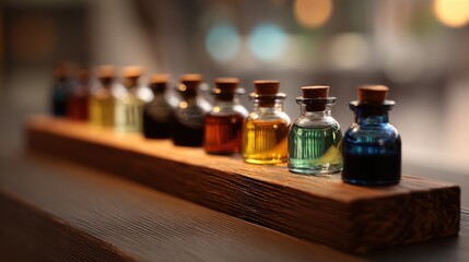 Small glass bottles filled with various colored liquids arranged in a wooden holder on a textured wooden surface.