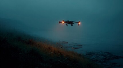 Fototapeta premium Solitary drone blinking slowly as it scans the silence, with nothing left to find