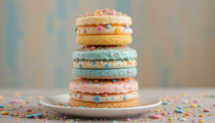 Whimsical Stack of Pastel Cakes with Rainbow Sprinkles and Colorful Buttons