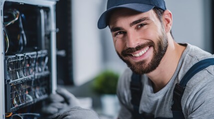 A smiling technician wearing a cap and gloves repairs electrical wiring inside a device.