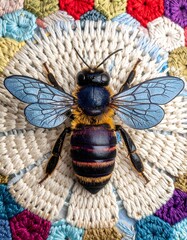 Bee on colorful crocheted flower