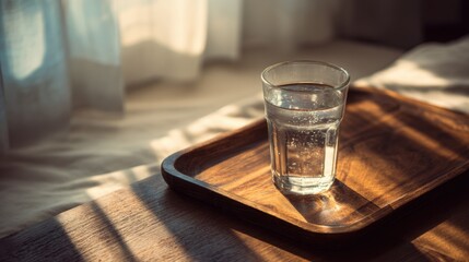 A clear glass of water sits on a wooden tray bathed in warm sunlight by a window with sheer curtains.