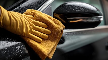 A person wearing yellow gloves is cleaning a black car's side mirror with a yellow microfiber cloth covered in water droplets.