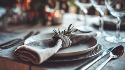 Elegant dining setup featuring a neatly folded napkin with a sprig of rosemary on a white plate, surrounded by cutlery and glassware in a warm, ambient setting.