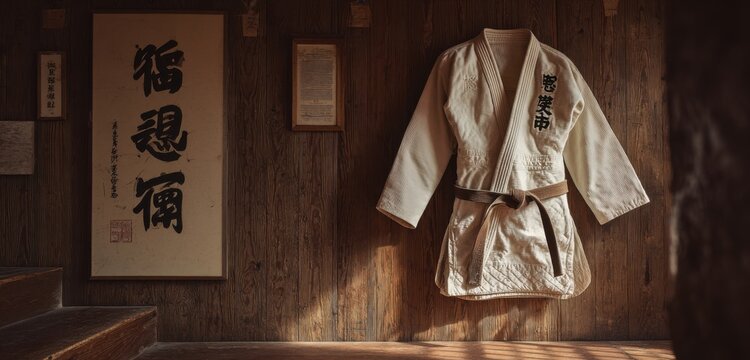 Old dojo with jiu-jitsu kimono hanging in silence