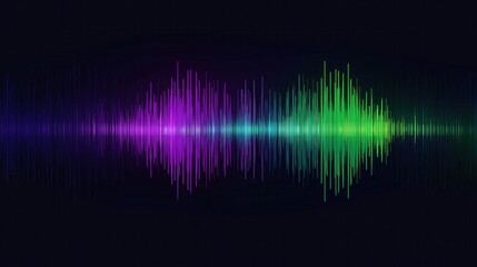 Colorful soundwave abstract design with vibrant purple and green vertical lines on dark background, representing audio frequency and digital music visualization in clean flat style