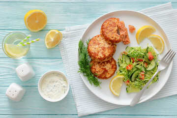 Hot Smoked salmon burgers, patties and coleslaw